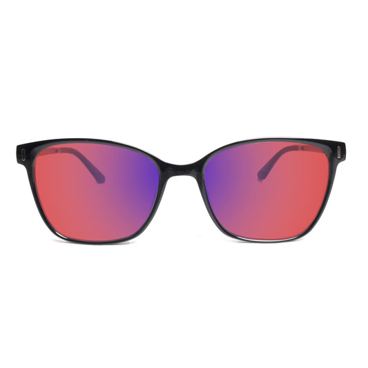 Front View of Sleepaxa Clarte FL41 Migraine & Light Sensitivity glasses with Cat Eye Shape Black frame, rose-tinted lenses, and high-quality tr90 temples for optimal comfort and durability