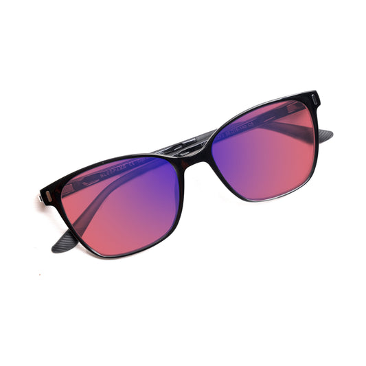 Top View of Sleepaxa Clarte FL41 Migraine & Light Sensitivity glasses with Cat Eye Shape Black frame, rose-tinted lenses, and high-quality tr90 temples for optimal comfort and durability