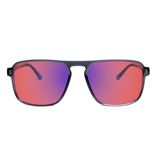 Front View of Sleepaxa Yeux FL41 Migraine & Light Sensitivity glasses with Grey frame, rose-tinted lenses, and high-quality sports tr90 temples for optimal comfort and durability