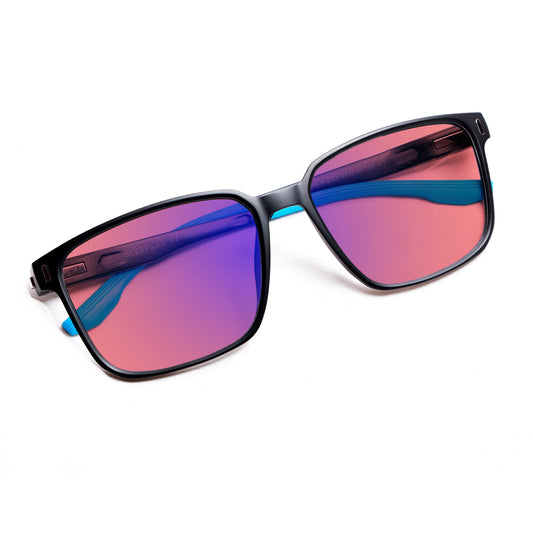 Sleepaxa Voilav FL41 Migraine & Light Sensitivity Glasses with a sleek black frame and rose-tinted lenses designed to reduce eye strain and alleviate migraine symptoms.