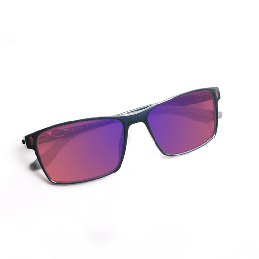 Top View of Sleepaxa Yeux FL41 Migraine & Light Sensitivity glasses with black frame, rose-tinted lenses, and high-quality sports tr90 temples for optimal comfort and durability