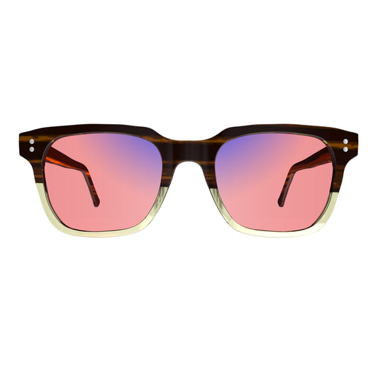 Front view of Sleepaxa Artisan Espresso FL-41 Migraine Glasses with Tiger Printed Brown frame, Acetate temples, and rose-tinted lenses with blue block and blue anti reflection properties , designed with smooth high-quality acetate frame material for Migraine & Light Sensitivity