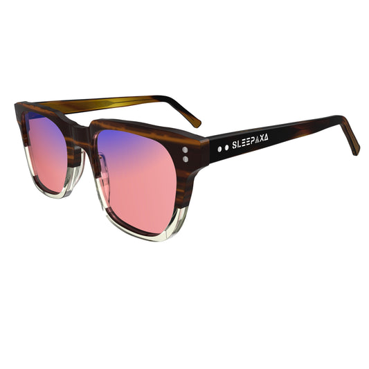 Side view of Sleepaxa Artisan Espresso FL-41 Migraine Glasses with Tiger Printed Brown frame, Acetate temples, and rose-tinted lenses with blue block and blue anti reflection properties , designed with smooth high-quality acetate frame material for Migraine & Light Sensitivity