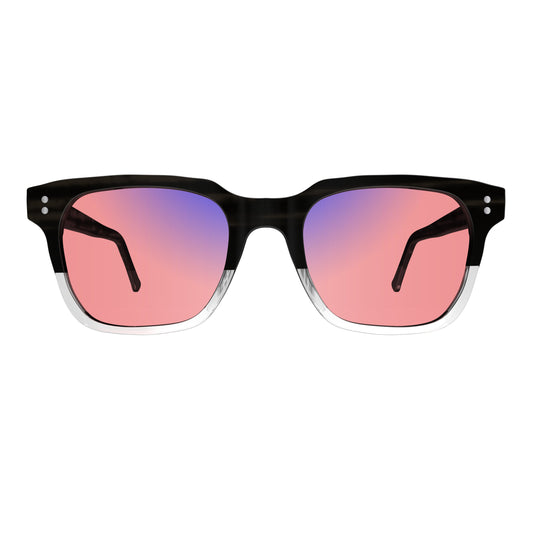 Front View of Sleepaxa Artisan FL-41 Migraine Glasses with Mid Grey frame, Acetate temples, arties , designed with smooth high-quality rose-tinted lenses with blue block and blue anti reflection property Acetate frame material for Migraine & Light Sensitivity