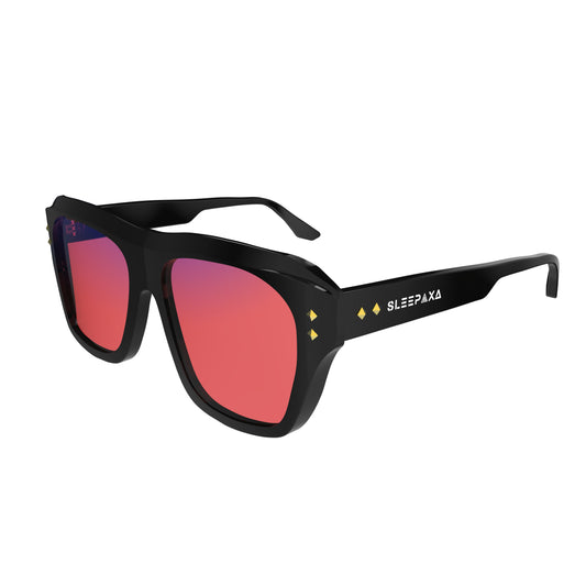Side View of Sleepaxa Celestial FL-41 Migraine Glasses with black frame, Acetate temples, and rose-tinted lenses with blue block and blue anti reflection properties , designed with smooth high-quality Acetate frame material for Migraine & Light Sensitivity