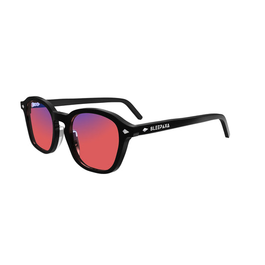 Side View of Sleepaxa Eclat FL-41 Migraine Glasses with black frame, Acetate temples, and rose-tinted lenses with blue block and blue anti reflection properties , designed with smooth high-quality Acetate frame material for Migraine & Light Sensitivity