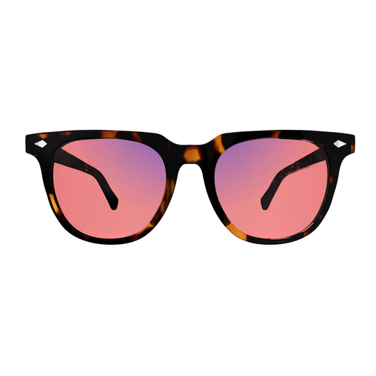 Front view of Sleepaxa Elixir FL-41 Migraine Glasses with Tiger Printed Brown frame, Acetate temples, and rose-tinted lenses with blue block and blue anti reflection properties , designed with smooth high-quality acetate frame material for Migraine & Light Sensitivity