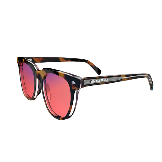 Side view of Sleepaxa Elixir FL-41 Migraine Glasses with Tiger Printed Brown frame, Acetate temples, and rose-tinted lenses with blue block and blue anti reflection properties , designed with smooth high-quality acetate frame material for Migraine & Light Sensitivity