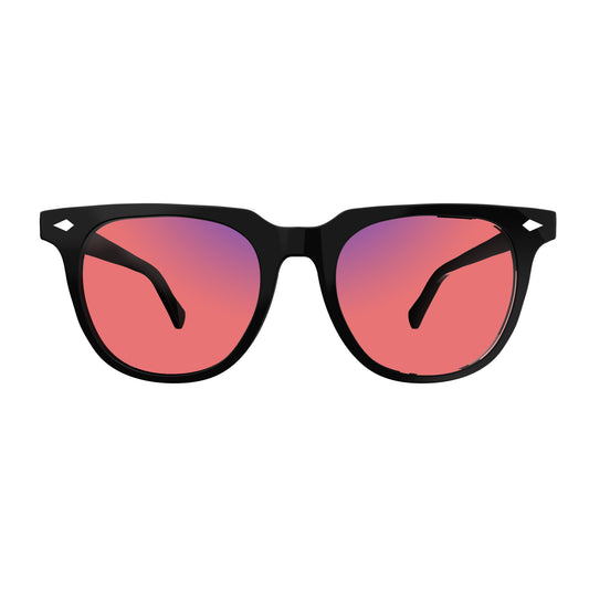 Front View of Sleepaxa Elixir Translucent FL-41 Migraine Glasses with Black frame, Acetate temples, arties , designed with smooth high-quality rose-tinted lenses with blue block and blue anti reflection property Acetate frame material for Migraine & Light Sensitivity