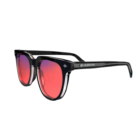 Side View of Sleepaxa Elixir Translucent FL-41 Migraine Glasses with Black frame, Acetate temples, arties , designed with smooth high-quality rose-tinted lenses with blue block and blue anti reflection property Acetate frame material for Migraine & Light Sensitivity