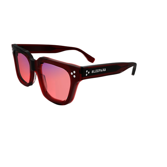 Side View of Sleepaxa Epoch Bulgarian FL-41 Migraine Glasses with black frame, Acetate temples, and rose-tinted lenses with blue block and blue anti reflection properties , designed with smooth high-quality Acetate frame material for Migraine & Light Sensitivity