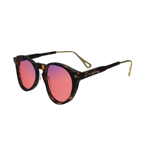 Side view of Sleepaxa Mosaic Brown Derby FL-41 glasses for migraine and light sensitivity, featuring a round-shaped frame made from premium acetate, rose-tinted lenses, and metal temples