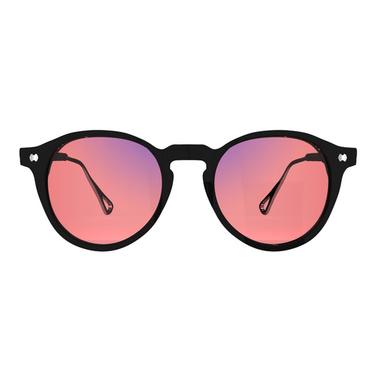 Front view of Sleepaxa Mosaic Drak FL-41 glasses for migraine and light sensitivity, featuring a round-shaped frame made from premium acetate, rose-tinted lenses, and metal temples