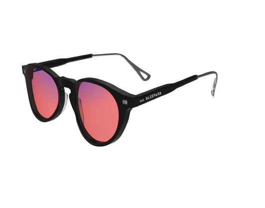 Side view of Sleepaxa Mosaic Drak FL-41 glasses for migraine and light sensitivity, featuring a round-shaped frame made from premium acetate, rose-tinted lenses, and metal temples