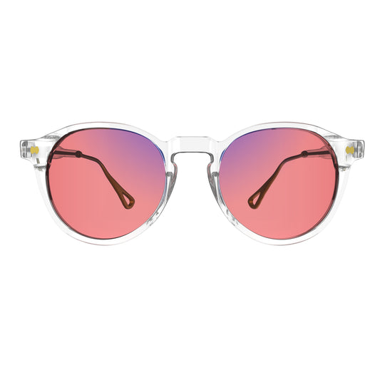 Front view of Sleepaxa Mosaic FL-41 glasses for migraine and light sensitivity, featuring a round-shaped frame made from premium acetate, rose-tinted lenses, and metal temples