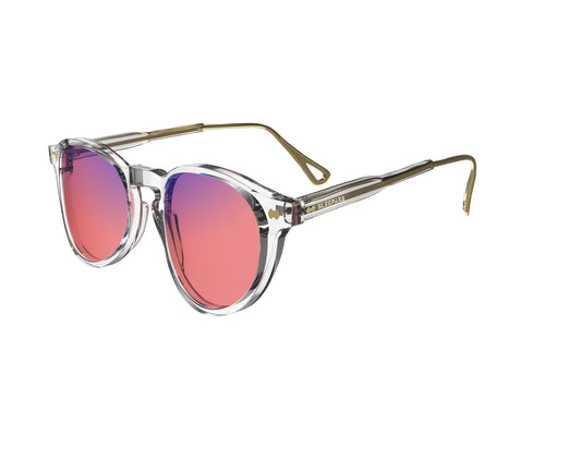 Side view of Sleepaxa FL-41 glasses for migraine and light sensitivity, featuring a round-shaped frame made from premium acetate, rose-tinted lenses, and metal temples