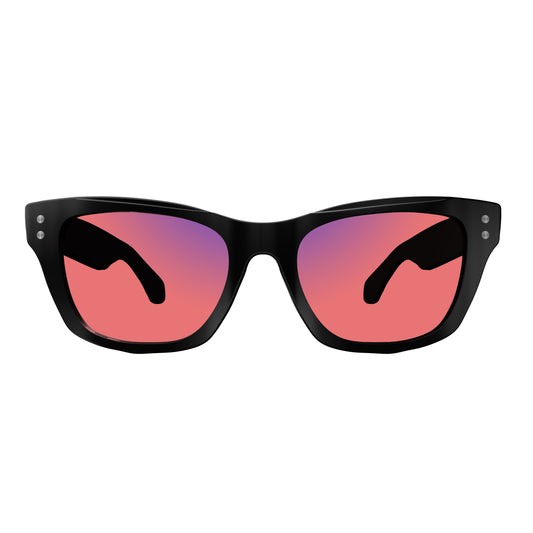 Front View of Sleepaxa Panache FL-41 Migraine Glasses with black frame, Acetate temples, and rose-tinted lenses with blue block and blue anti reflection properties , designed with smooth high-quality Acetate frame material for Migraine & Light Sensitivity