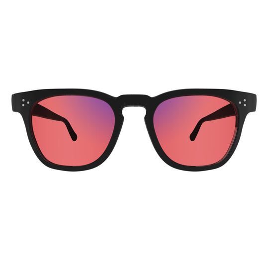 Front view of Sleepaxa Seraphic FL-41 Migraine Glasses with black frame, Acetate temples, and rose-tinted lenses with blue block and blue anti reflection properties , designed with smooth high-quality Aceate frame material for Migraine & Light Sensitivity