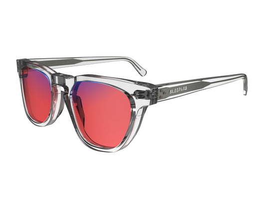 Side View of Sleepaxa Seraphic Lucid Clear FL-41 Migraine Glasses with Transparent frame, Acetate temples, and rose-tinted lenses with blue block and blue anti reflection properties , designed with smooth high-quality Acetate frame material for Migraine & Light Sensitivity