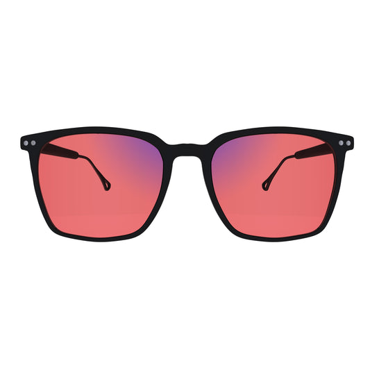 Front View of Sleepaxa Solstice FL-41 Migraine Glasses with black frame, Acetate temples, and rose-tinted lenses with blue block and blue anti reflection properties , designed with smooth high-quality Metal frame material for Migraine & Light Sensitivity