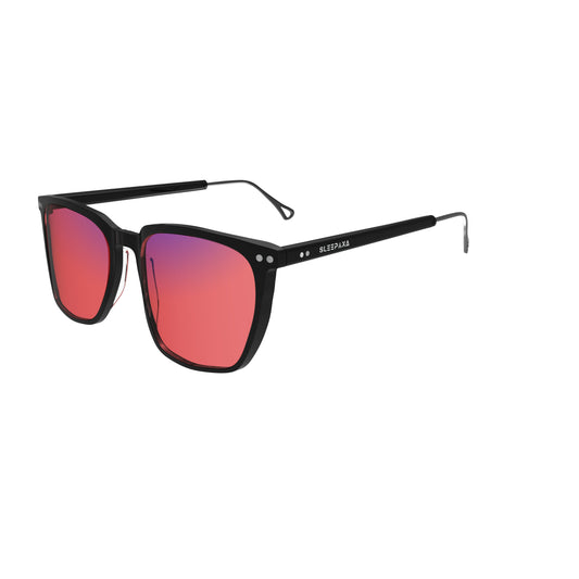 Side View of Sleepaxa Solstice FL-41 Migraine Glasses with black frame, Acetate temples, and rose-tinted lenses with blue block and blue anti reflection properties , designed with smooth high-quality Metal frame material for Migraine & Light Sensitivity