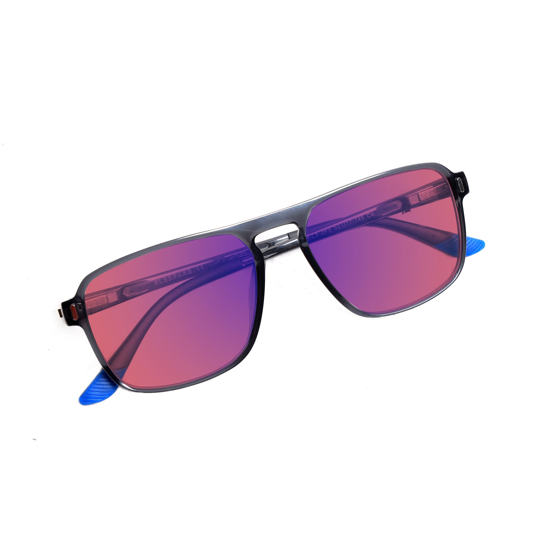 Top view of Sleepaxa Yeux FL41 Migraine & Light Sensitivity glasses with Grey frame, rose-tinted lenses, and high-quality sports tr90 temples for optimal comfort and durability