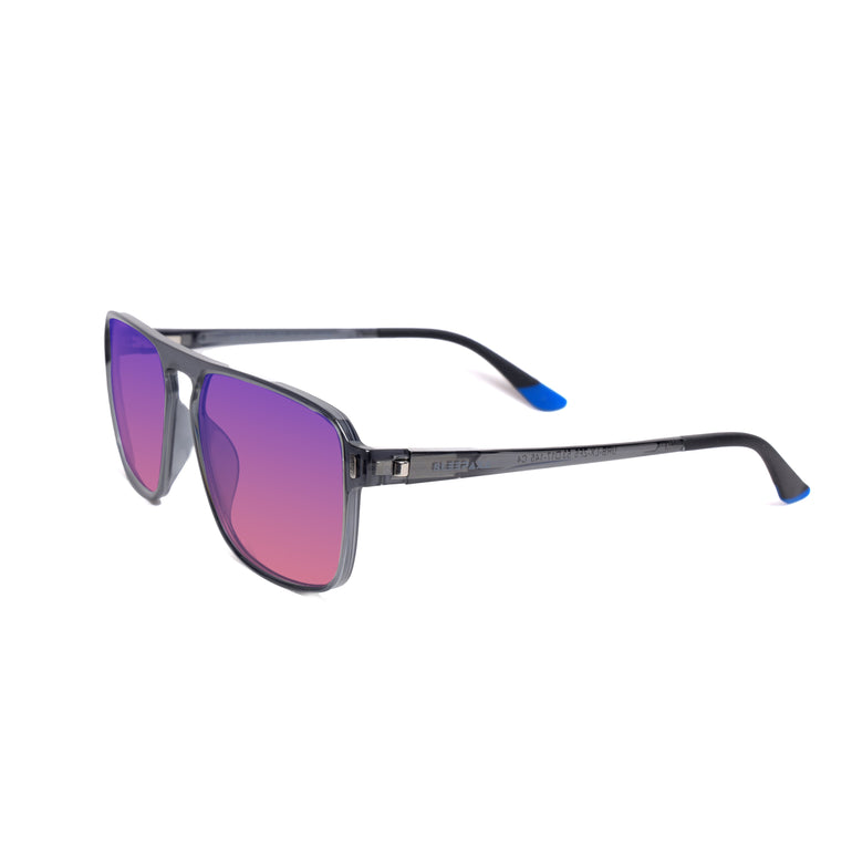 Side View of Sleepaxa Yeux FL41 Migraine & Light Sensitivity glasses with Grey frame, rose-tinted lenses, and high-quality sports tr90 temples for optimal comfort and durability