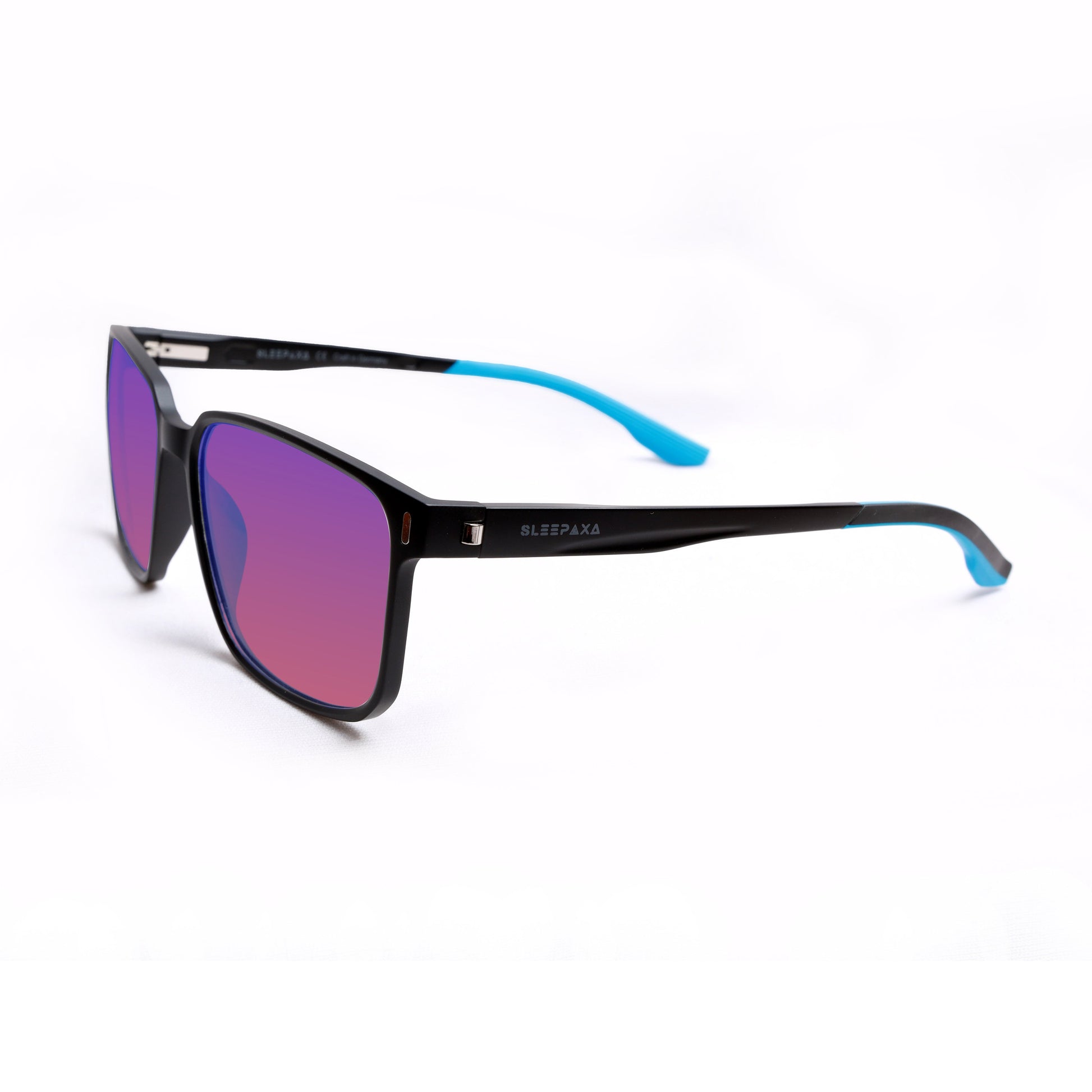 Sleepaxa fl41 glasses with black matte frame and sports-type temples, featuring smooth high-quality TR90 ear rests and migraine glasses designed to reduce eye strain and alleviate migraine symptoms.