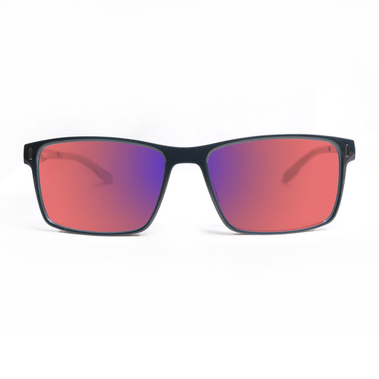 Front view of Sleepaxa Yeux FL41 Migraine & Light Sensitivity glasses with black frame, rose-tinted lenses, and high-quality metal temples for optimal comfort and durability”