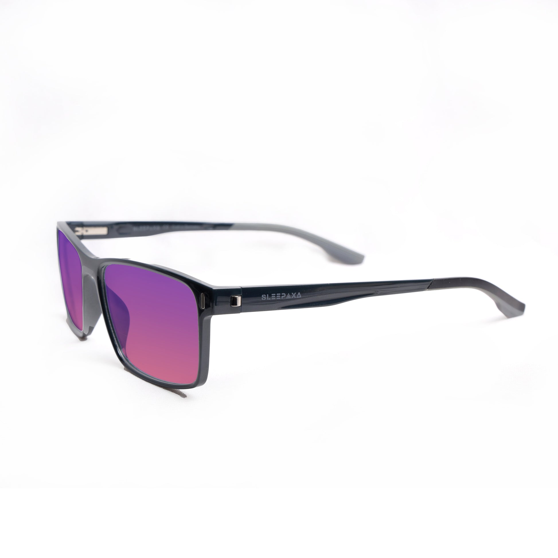 Side view of Sleepaxa Yeux FL41 Migraine & Light Sensitivity glasses with black frame, rose-tinted lenses, and high-quality sports tr90 temples for optimal comfort and durability