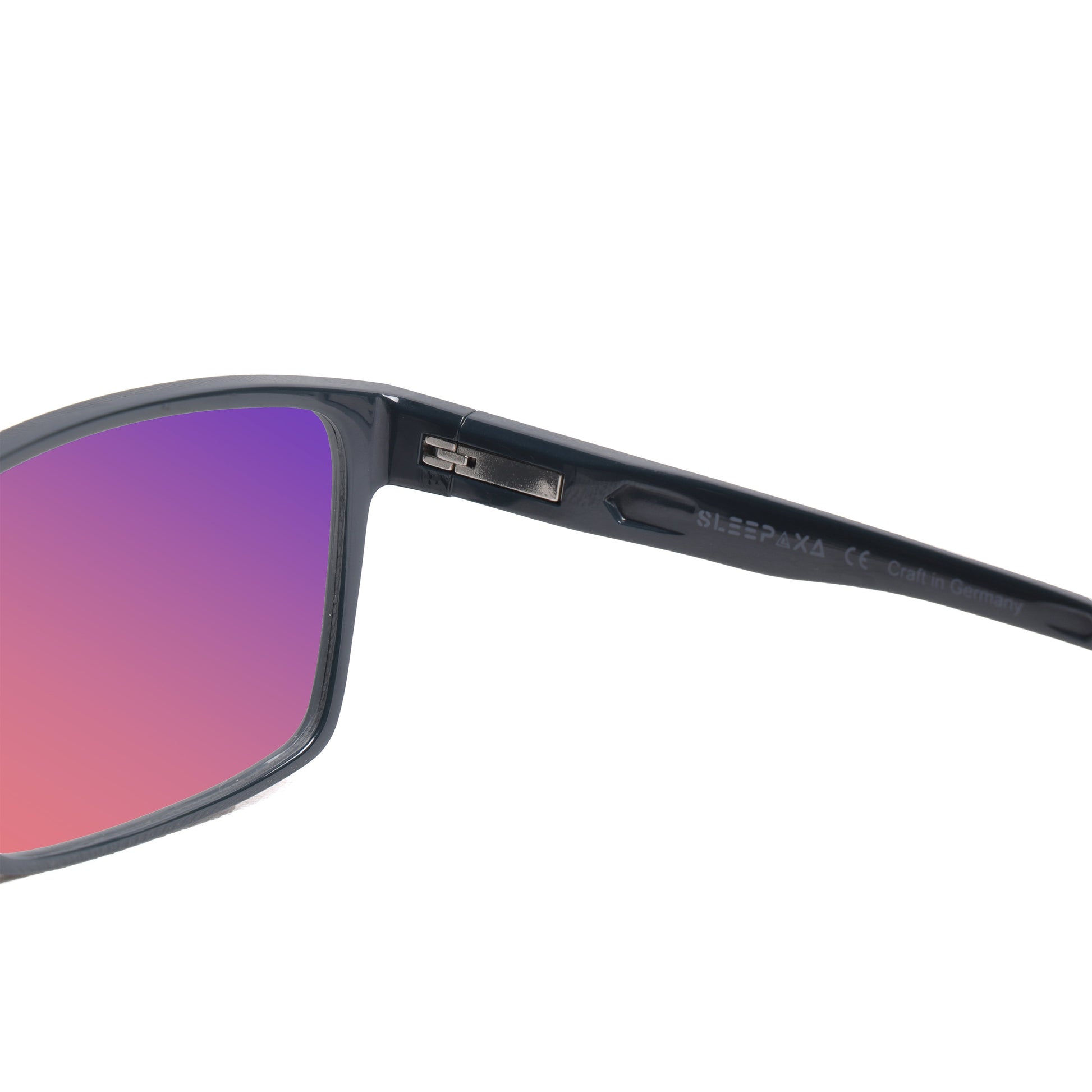 Inside View of Sleepaxa Yeux FL41 Migraine & Light Sensitivity glasses with black frame, rose-tinted lenses, and high-quality sports tr90 temples for optimal comfort and durability