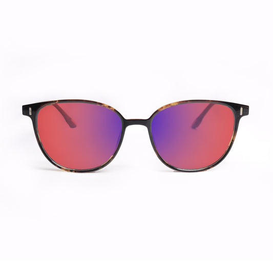 Front View of Sleepaxa Voirch FL41 Migraine & Light Sensitivity glasses with Cat Eye Shape Tiger Print frame, rose-tinted lenses, and high-quality Metal temples for optimal comfort and durability
