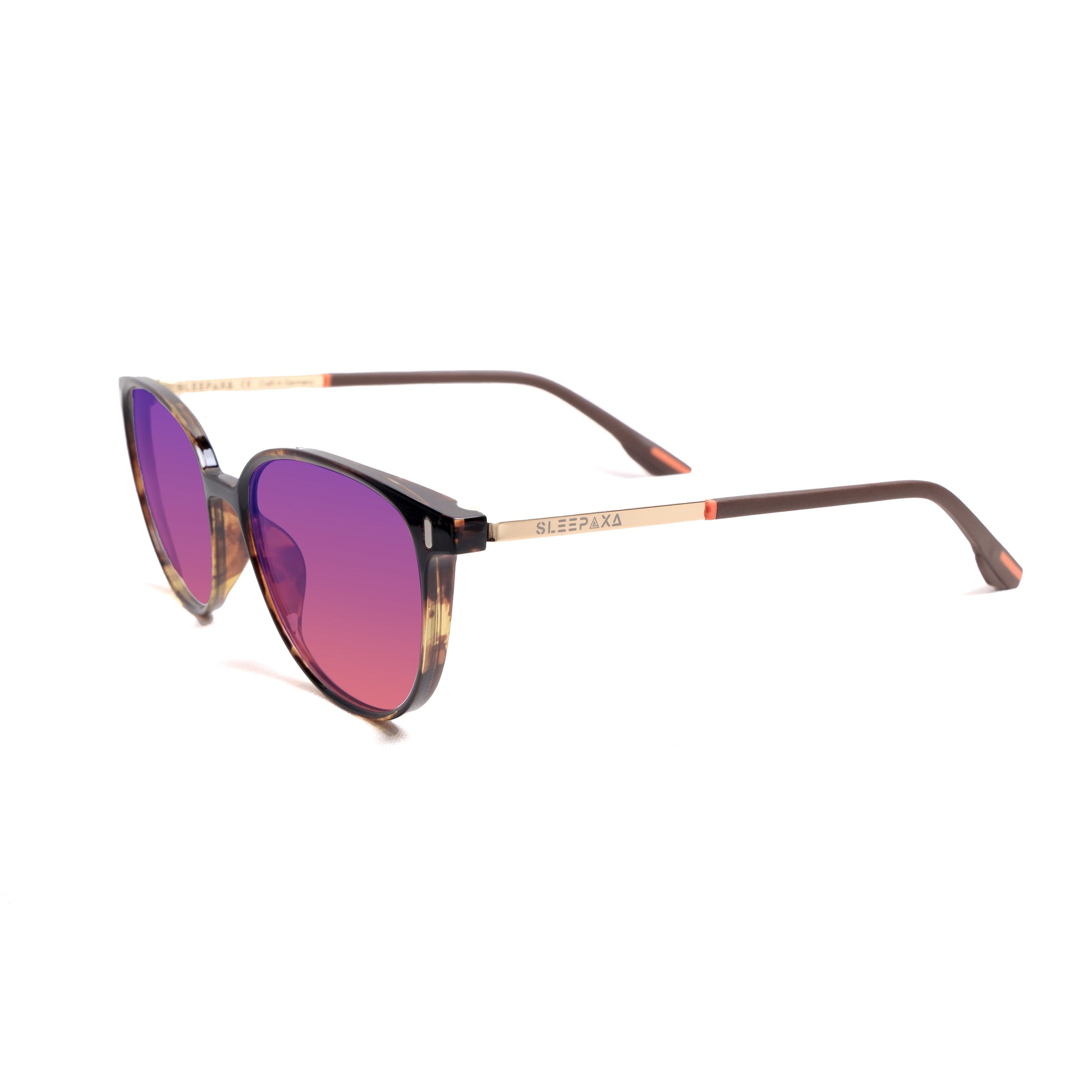 Side View of Sleepaxa Voirch FL41 Migraine & Light Sensitivity glasses with Cat Eye Shape Tiger Print frame, rose-tinted lenses, and high-quality Metal temples for optimal comfort and durability