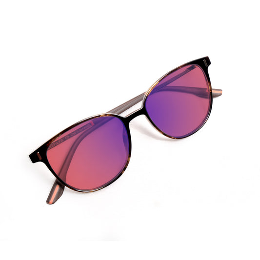 Top View of Sleepaxa Voirch FL41 Migraine & Light Sensitivity glasses with Cat Eye Shape Tiger Print frame, rose-tinted lenses, and high-quality Metal temples for optimal comfort and durability