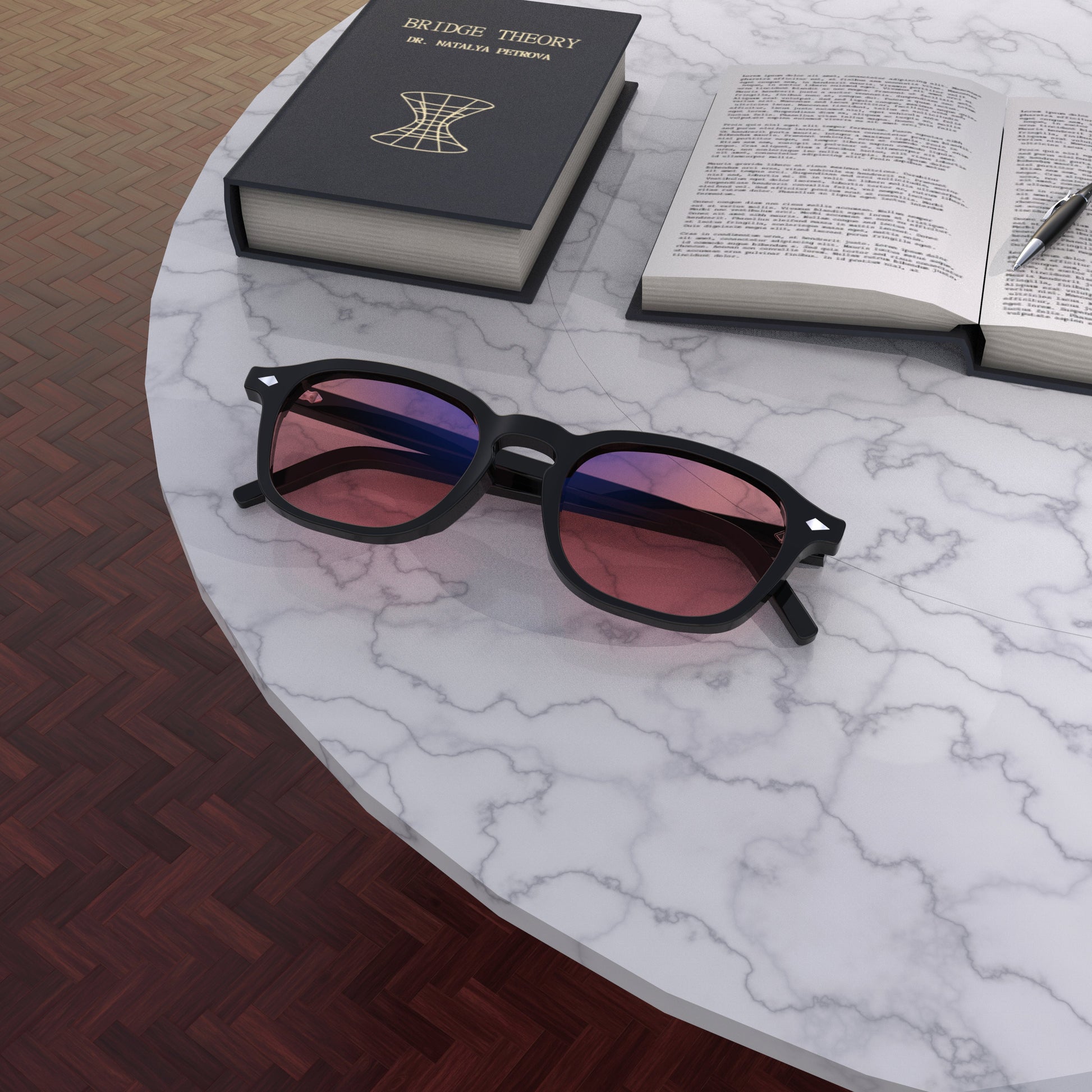 Lifestyle Lenses View of Sleepaxa Eclat FL-41 Migraine Glasses with black frame, Acetate temples, and rose-tinted lenses with blue block and blue anti reflection properties , designed with smooth high-quality Acetate frame material for Migraine & Light Sensitivity