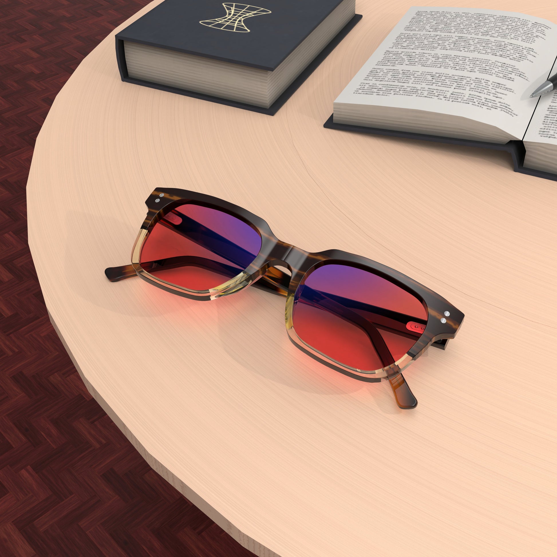 Lifestyle Lenses view of Sleepaxa Artisan Espresso FL-41 Migraine Glasses with Tiger Printed Brown frame, Acetate temples, and rose-tinted lenses with blue block and blue anti reflection properties , designed with smooth high-quality acetate frame material for Migraine & Light Sensitivity
