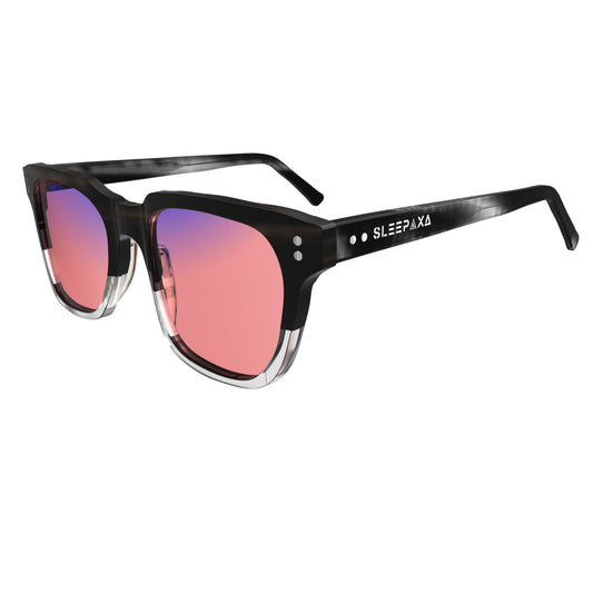Side View of Sleepaxa Artisan FL-41 Migraine Glasses with Mid Grey frame, Acetate temples, arties , designed with smooth high-quality rose-tinted lenses with blue block and blue anti reflection property Acetate frame material for Migraine & Light Sensitivity