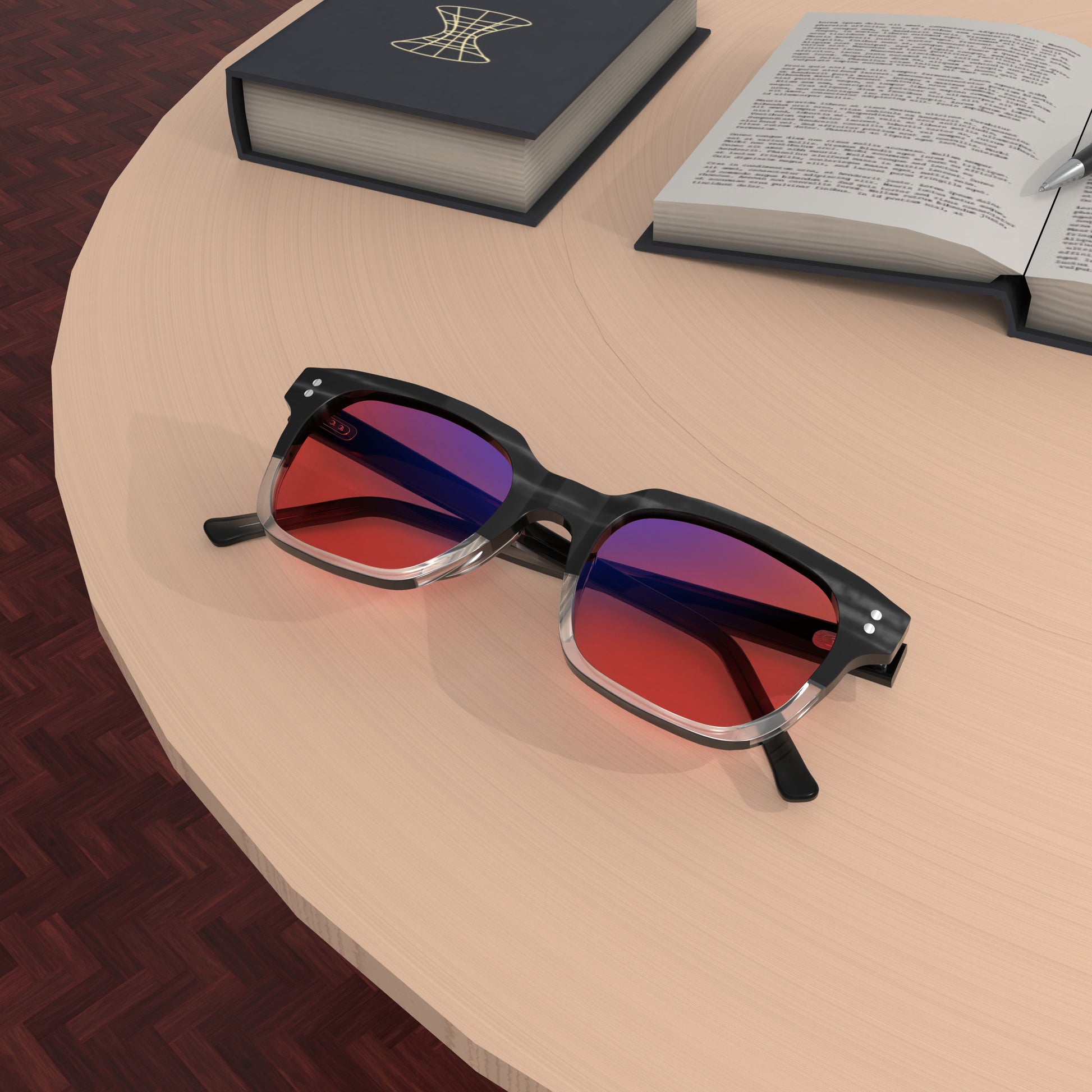 Lifestyle Lenses View of Sleepaxa Artisan FL-41 Migraine Glasses with Mid Grey frame, Acetate temples, arties , designed with smooth high-quality rose-tinted lenses with blue block and blue anti reflection property Acetate frame material for Migraine & Light Sensitivity