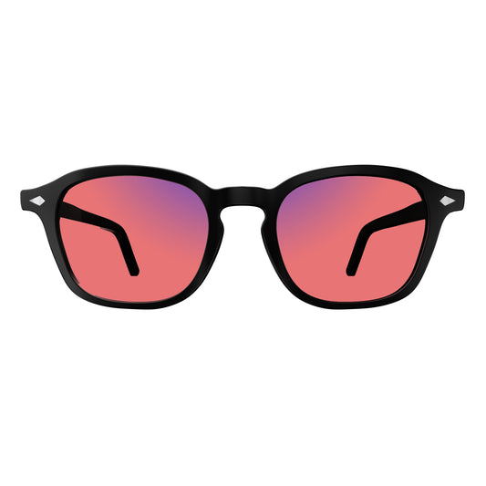 Front View of Sleepaxa Eclat FL-41 Migraine Glasses with black frame, Acetate temples, and rose-tinted lenses with blue block and blue anti reflection properties , designed with smooth high-quality Acetate frame material for Migraine & Light Sensitivity