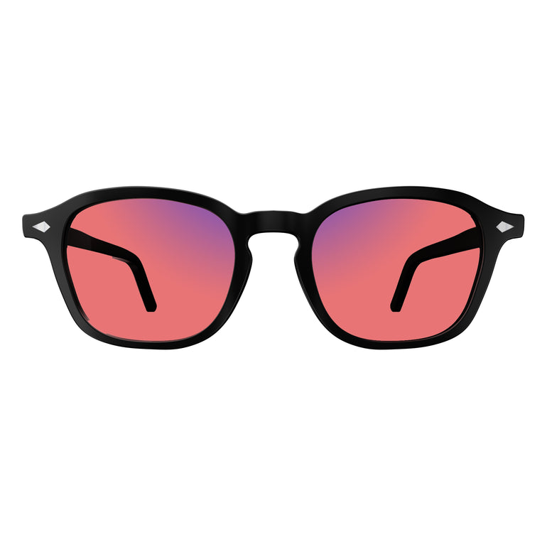 Front View of Sleepaxa Eclat FL-41 Migraine Glasses with black frame, Acetate temples, and rose-tinted lenses with blue block and blue anti reflection properties , designed with smooth high-quality Acetate frame material for Migraine & Light Sensitivity