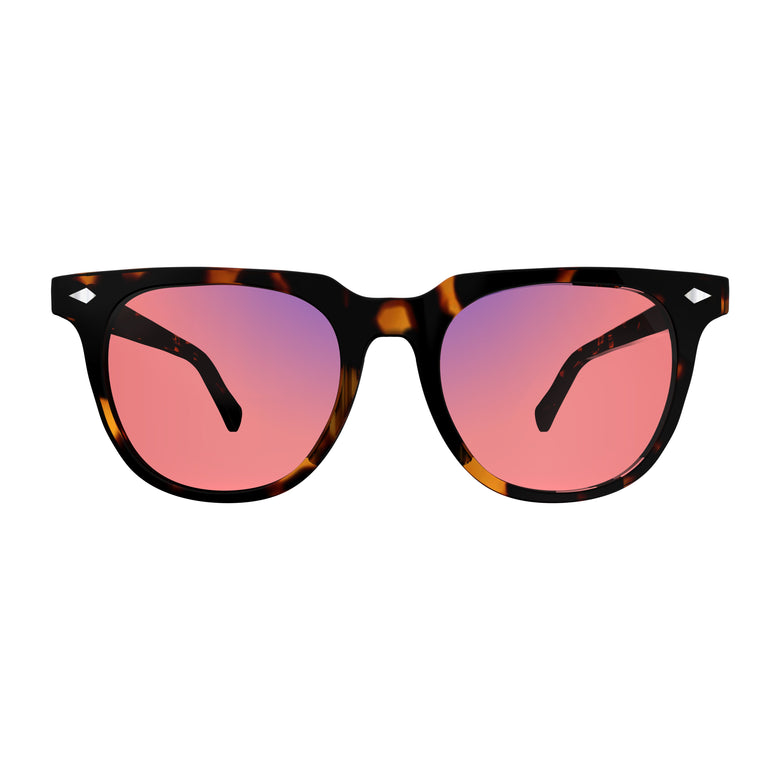 Front view of Sleepaxa Elixir FL-41 Migraine Glasses with Tiger Printed Brown frame, Acetate temples, and rose-tinted lenses with blue block and blue anti reflection properties , designed with smooth high-quality acetate frame material for Migraine & Light Sensitivity