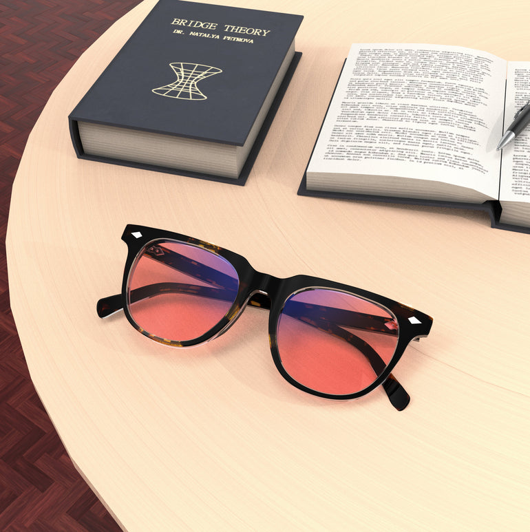 Lifestyle lense view of Sleepaxa Elixir FL-41 Migraine Glasses with Tiger Printed Brown frame, Acetate temples, and rose-tinted lenses with blue block and blue anti reflection properties , designed with smooth high-quality acetate frame material for Migraine & Light Sensitivity