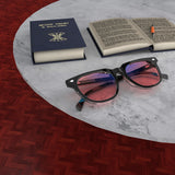 Lifestyle Lense View of Sleepaxa Elixir Translucent FL-41 Migraine Glasses with Black frame, Acetate temples, arties , designed with smooth high-quality rose-tinted lenses with blue block and blue anti reflection property Acetate frame material for Migraine & Light Sensitivity