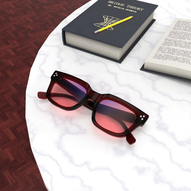 Lifestyle lenses View of Sleepaxa Epoch Bulgarian FL-41 Migraine Glasses with black frame, Acetate temples, and rose-tinted lenses with blue block and blue anti reflection properties , designed with smooth high-quality Acetate frame material for Migraine & Light Sensitivity