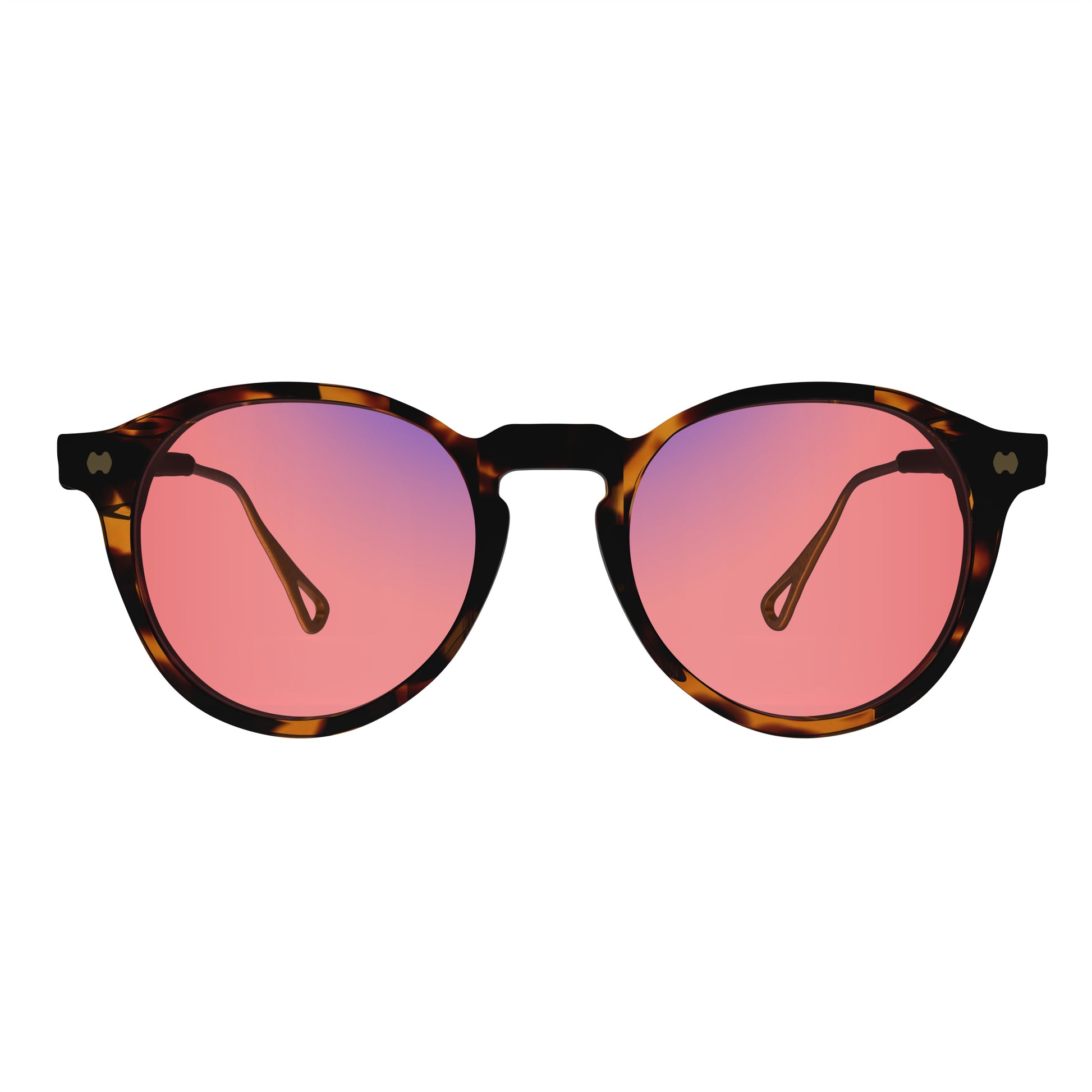 Front view of Sleepaxa Mosaic Brown Derby FL-41 glasses for migraine and light sensitivity, featuring a round-shaped frame made from premium acetate, rose-tinted lenses, and metal temples