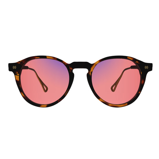 Front view of Sleepaxa Mosaic Brown Derby FL-41 glasses for migraine and light sensitivity, featuring a round-shaped frame made from premium acetate, rose-tinted lenses, and metal temples