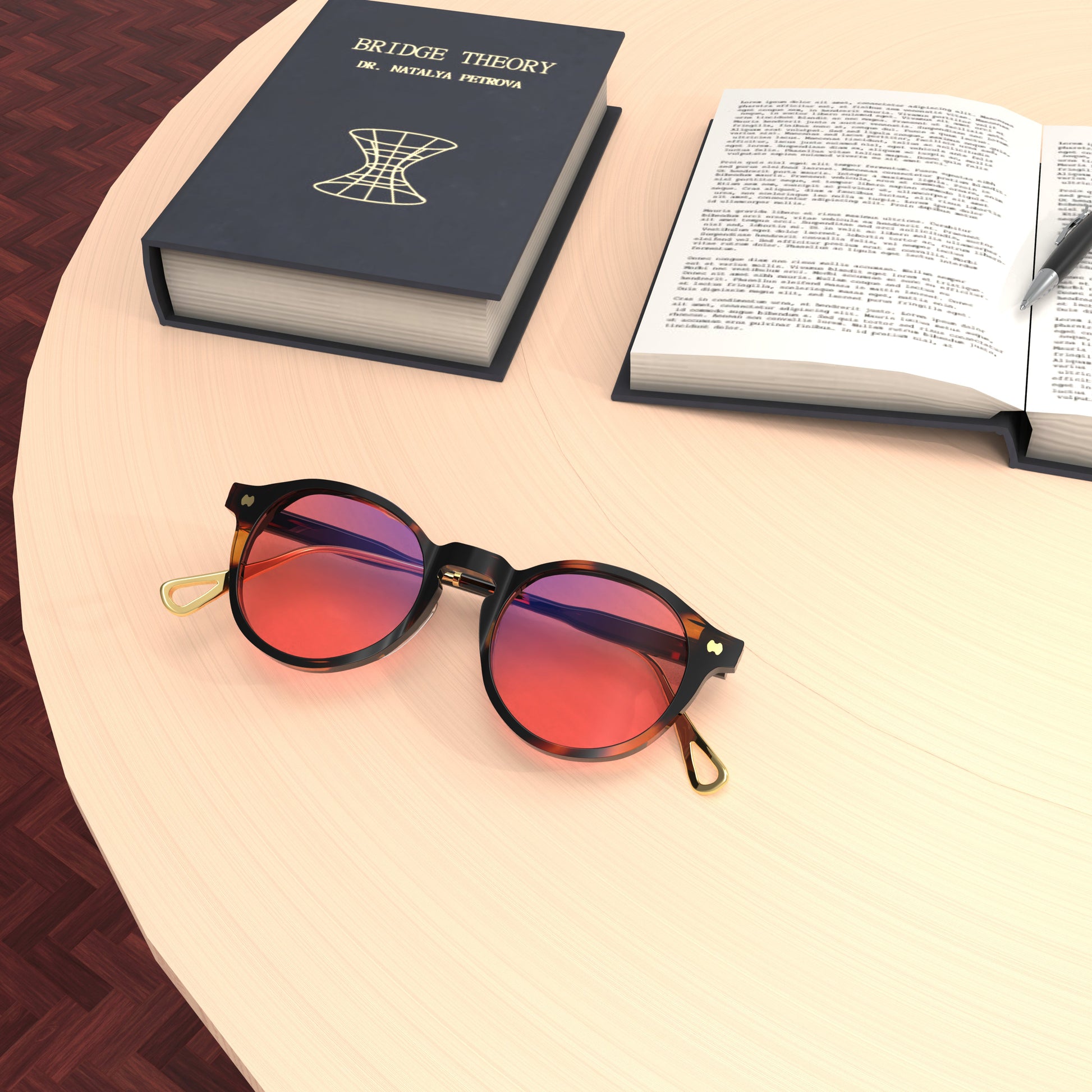 Top Lifestyle view of Sleepaxa Mosaic Brown Derby FL-41 glasses for migraine and light sensitivity, featuring a round-shaped frame made from premium acetate, rose-tinted lenses, and metal temples