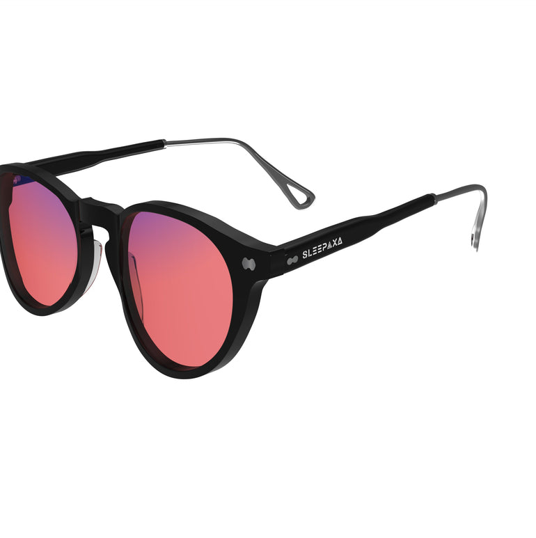 Side view of Sleepaxa Mosaic Drak FL-41 glasses for migraine and light sensitivity, featuring a round-shaped frame made from premium acetate, rose-tinted lenses, and metal temples