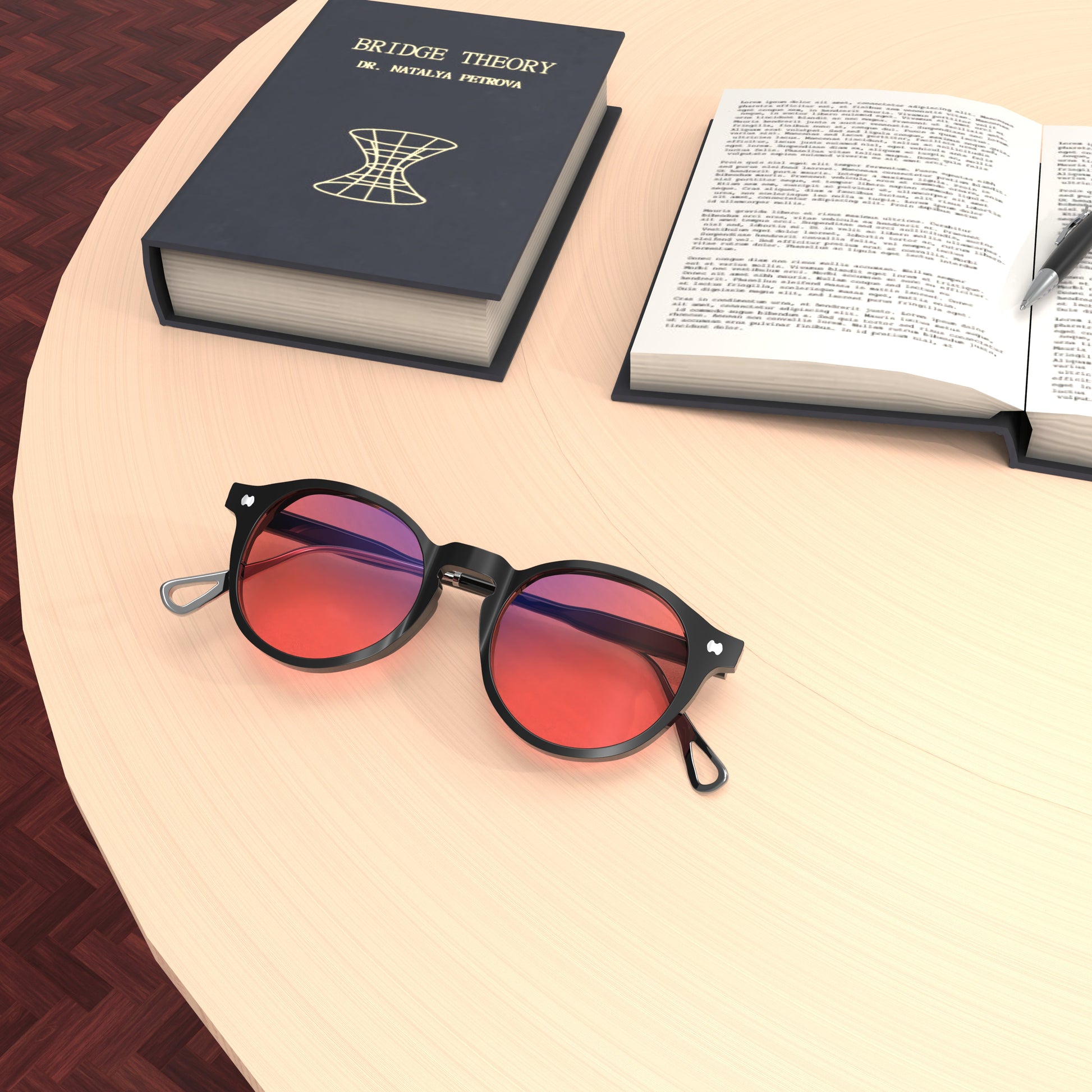Top Lifestyle view of Sleepaxa Mosaic Drak FL-41 glasses for migraine and light sensitivity, featuring a round-shaped frame made from premium acetate, rose-tinted lenses, and metal temples