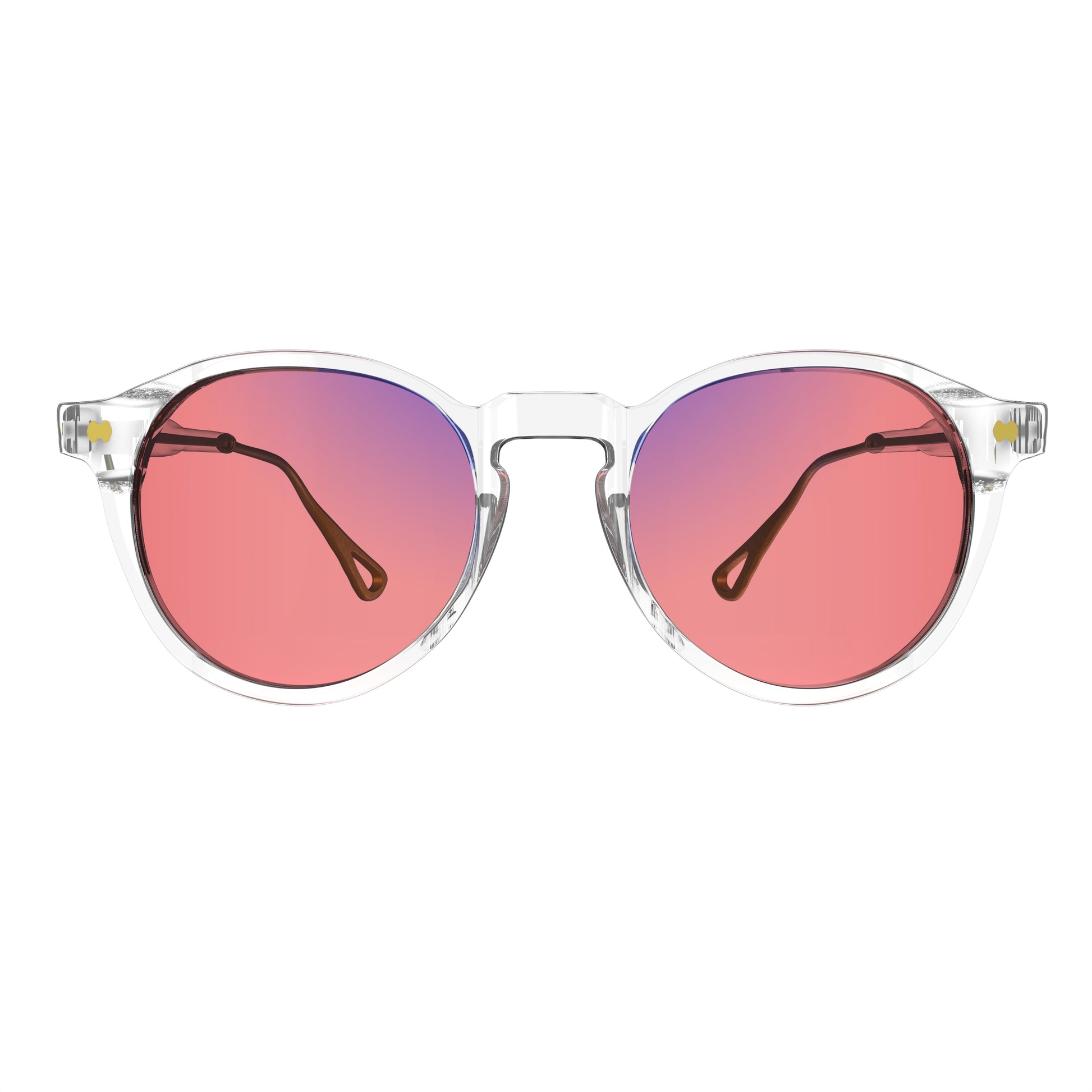 Front view of Sleepaxa Mosaic FL-41 glasses for migraine and light sensitivity, featuring a round-shaped frame made from premium acetate, rose-tinted lenses, and metal temples